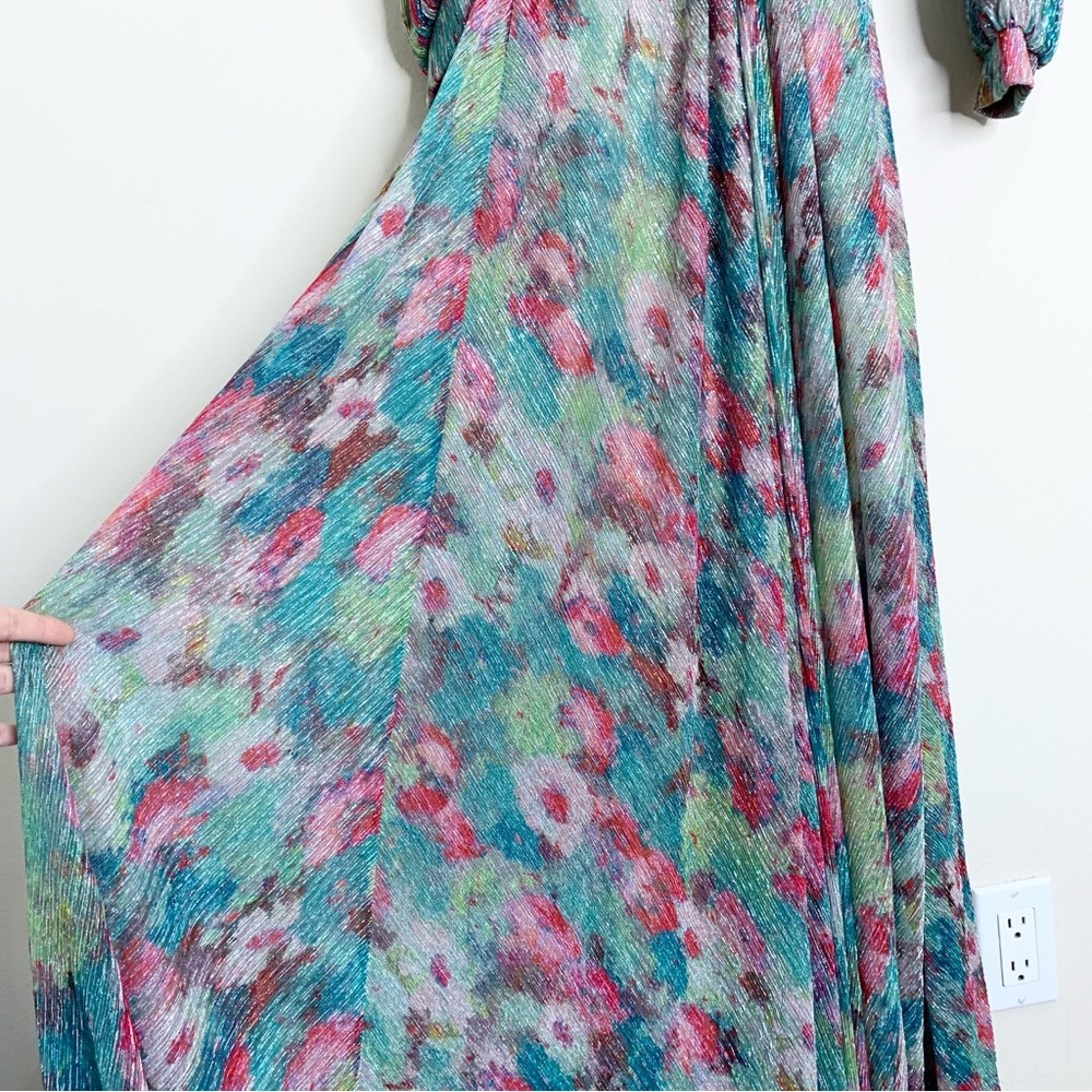 NEW PatBO Printed Lurex Cut-Out Maxi Dress (Sz 6) Long Sleeve Gown Green Multi - Picture 8 of 14